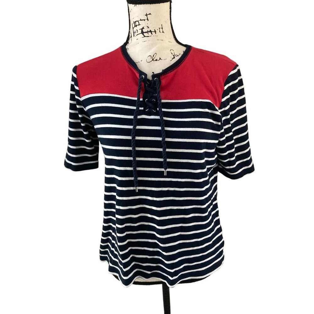 Chaps Red White & Blue Striped Nautical Tee Shirt - Size Large